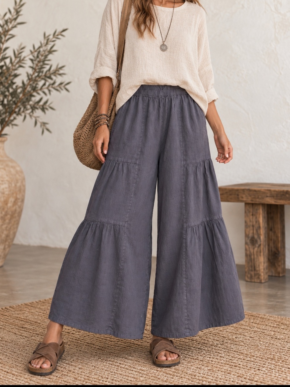 Match Point Wide Leg Tiered Linen Pull On Pants - Charcoal